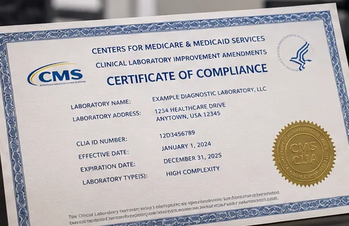 Illustrative CLIA certificate of compliance with fictional details