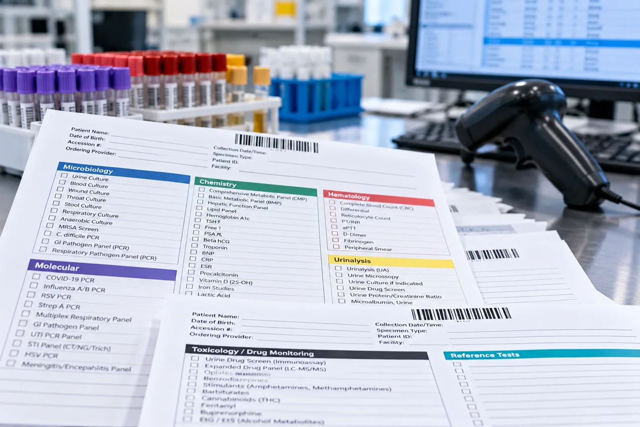 Clinical laboratory test order forms and sample tubes