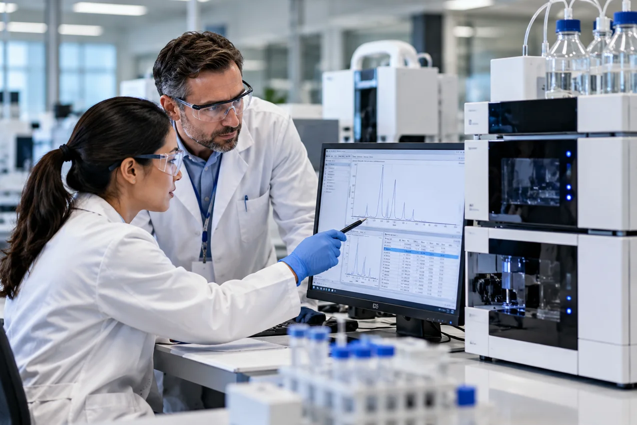 Two scientists collaborating on laboratory method validation