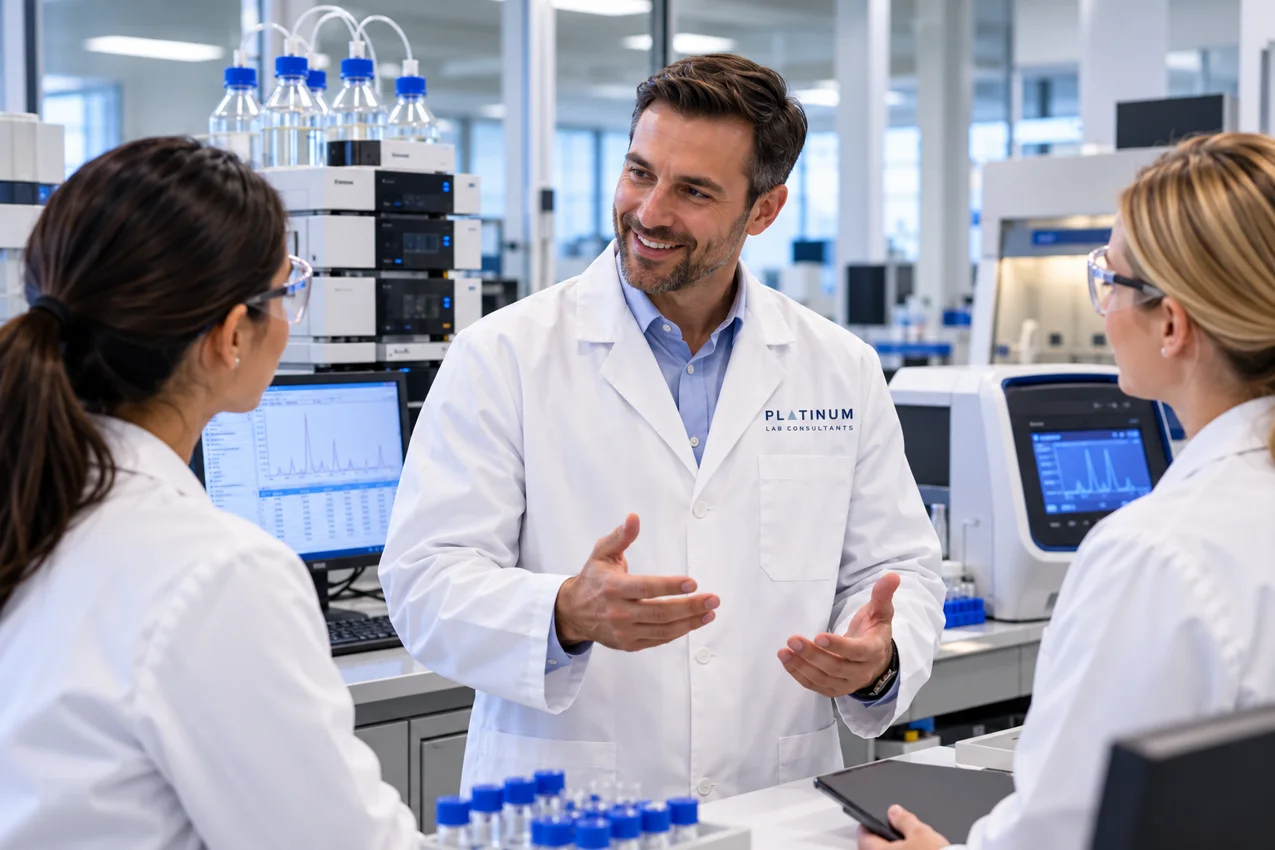 Platinum laboratory consultant speaking with laboratory scientists
